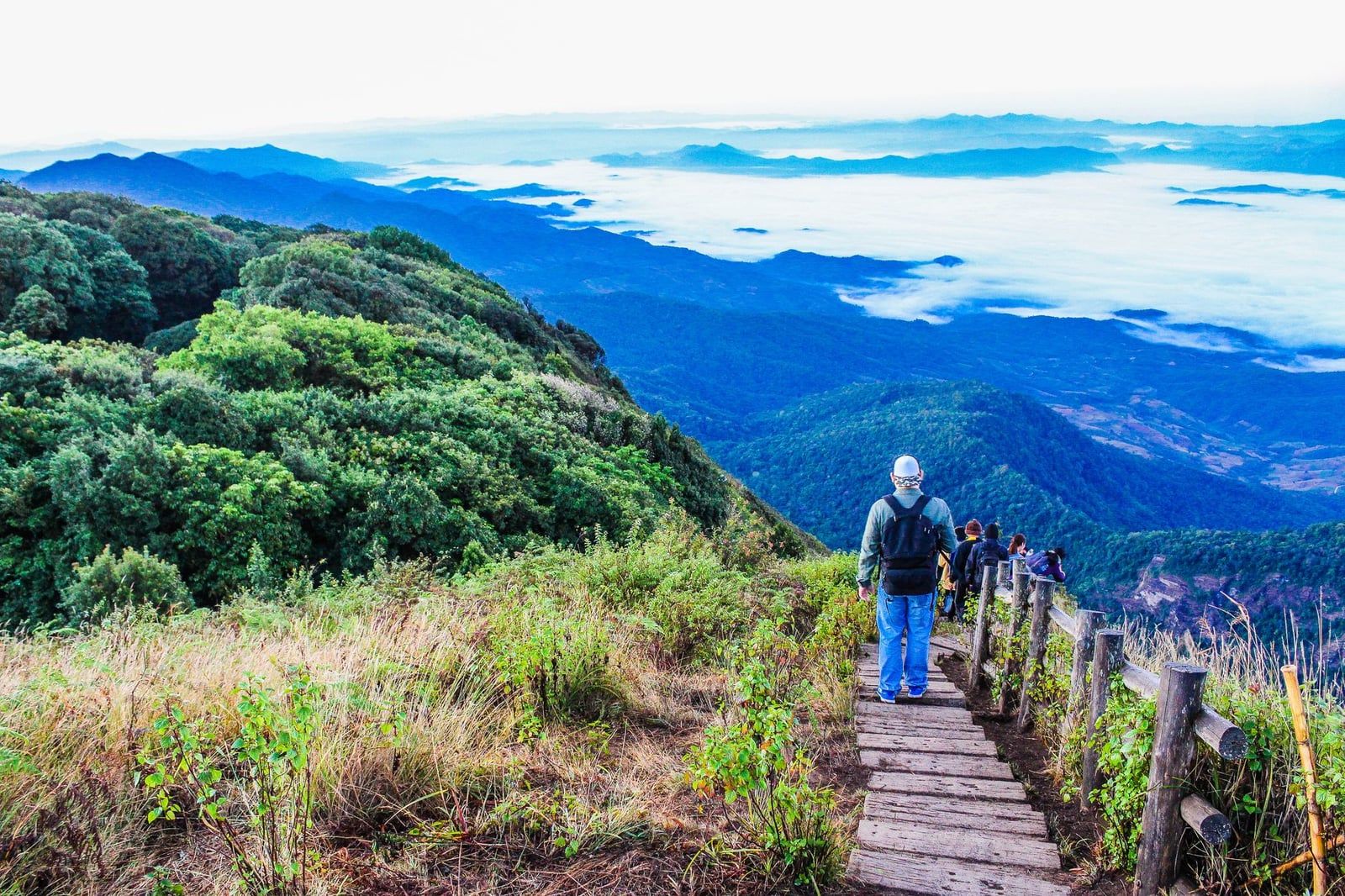 Hikers walk along the wooden boardwalk on the Kew Mae Pan trail overlooking a sea of clouds in Doi Inthanon National Park.